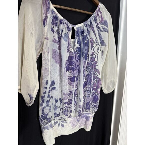 Vintage Fang Women's Blouse Ivory ‎ And Purple Short Sleeve Sheer M Y2K Fairy - Picture 2 of 6